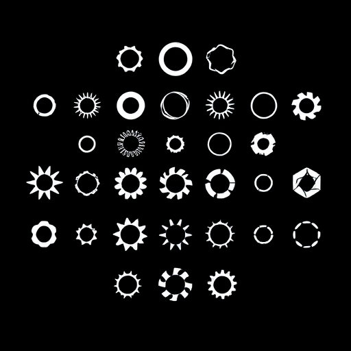 Create a high-resolution graphic featuring a grid of various aperture symbols on a black background, using a DSLR camera with a 50mm lens, aperture set to f/2.8, ISO 100, and a shutter speed of 1/125s.
