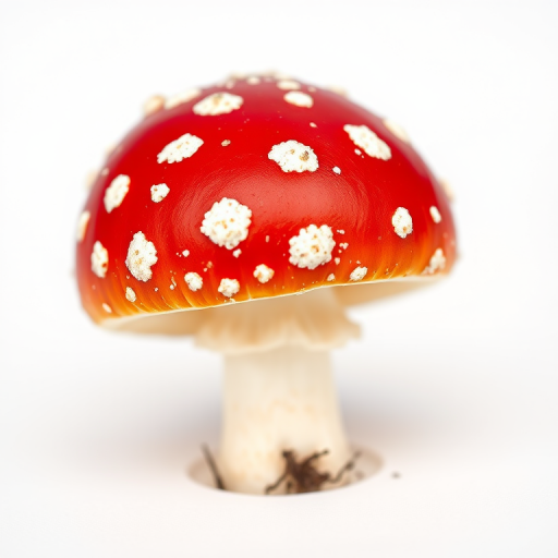 regenerate a vibrant red mushroom with white spots on a smooth white background, use a Canon EOS 5D Mark IV with a 50mm f/1.8 lens, set aperture to f/2.8, ISO 100, and a shutter speed of 1/200s, capture in macro view for detail enhancement and a shallow depth of field to blur the background.
