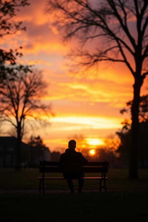 Create a high-resolution image of a silhouette of a person sitting on a bench in a park at sunset with vibrant colors in the sky using a DSLR camera with a 50mm lens, aperture f/1.8, ISO 200, shot from a low angle to capture the depth of the scene.
