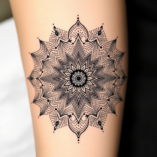 Dotwork mandala tattoo entitled "Cosmic Harmony" featuring an intricate geometric pattern composed entirely of tiny dots, gradually increasing in density to create mesmerizing gradients and intricate details, symbolizing the interconnectedness of the universe and the beauty of sacred geometry, perfect for those seeking a meditative and spiritually meaningful tattoo.