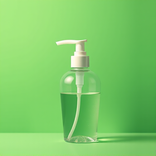 create a minimalist illustration of a soap dispenser bottle on a vibrant green background using a Canon EOS R5 with a 50mm lens, f/2.8 aperture, ISO 100, and a soft focus effect to enhance colors and details