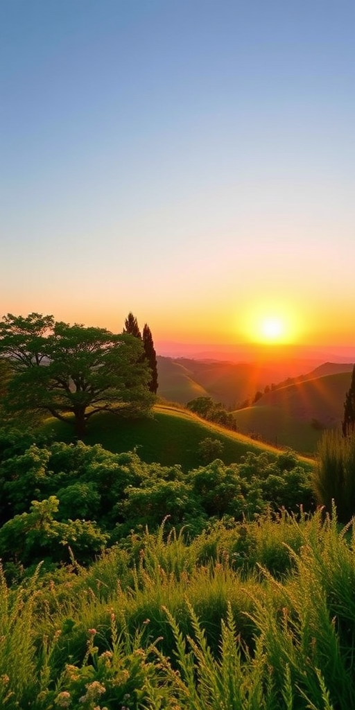 Create a high-resolution image of a serene landscape at sunset with lush greenery, soft rolling hills, and a clear sky, using a DSLR camera with a 50mm lens at f/1.8, ISO 100, and a shutter speed of 1/200 seconds, capturing a wide-angle view for enhanced depth and clarity.