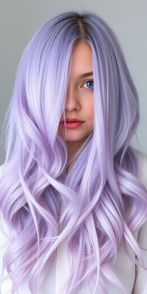 Ethereal pastel lavender locks in the "Twilight Dream" style flow ethereally, accented by silvery undertones and soft, face-framing tendrils