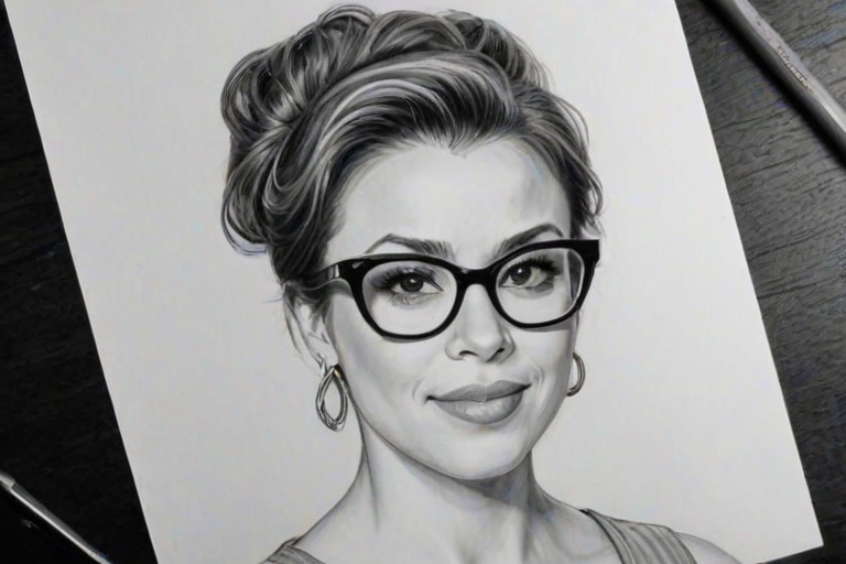 Charming Alyssa Milano, pencil sketch, portrait of Fetching woman 1962s in glasses, hair style beatnik, outline, clear lines, fine lines, 8k
