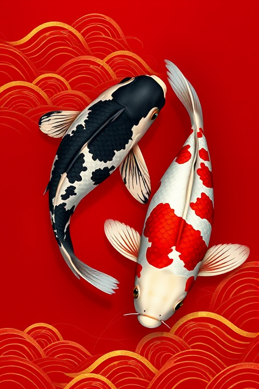 Create a high-resolution digital illustration of two koi fish, one black and white and the other red and white, swimming against a deep red background with golden wave patterns, using a Canon EOS R5, 50mm lens, f/1.8 aperture, ISO 100, and soft natural lighting to enhance details and color vibrancy.