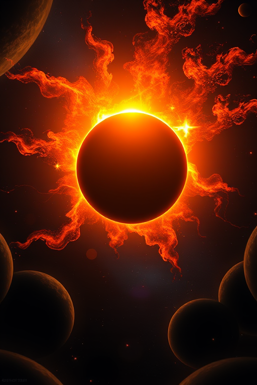 capture a hyper-realistic depiction of a solar eclipse with vibrant flames and cosmic elements, using a Canon EOS R5, ISO 100, f/8, 1/200 sec, with a wide-angle lens at 24mm, focusing on the sun and surrounding planets for enhanced detail and clarity