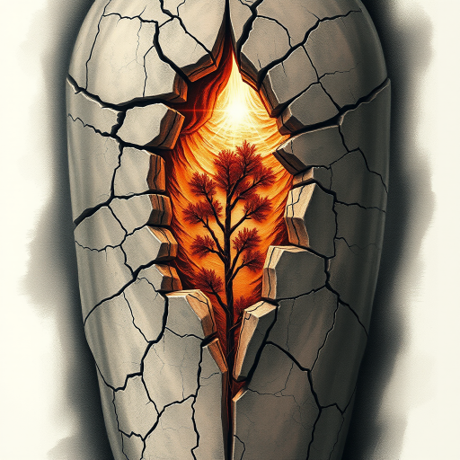 Realistic broken stone statue tattoo revealing inner light or nature, symbolizing rebirth and inner beauty, with intricate cracks and weathering effects