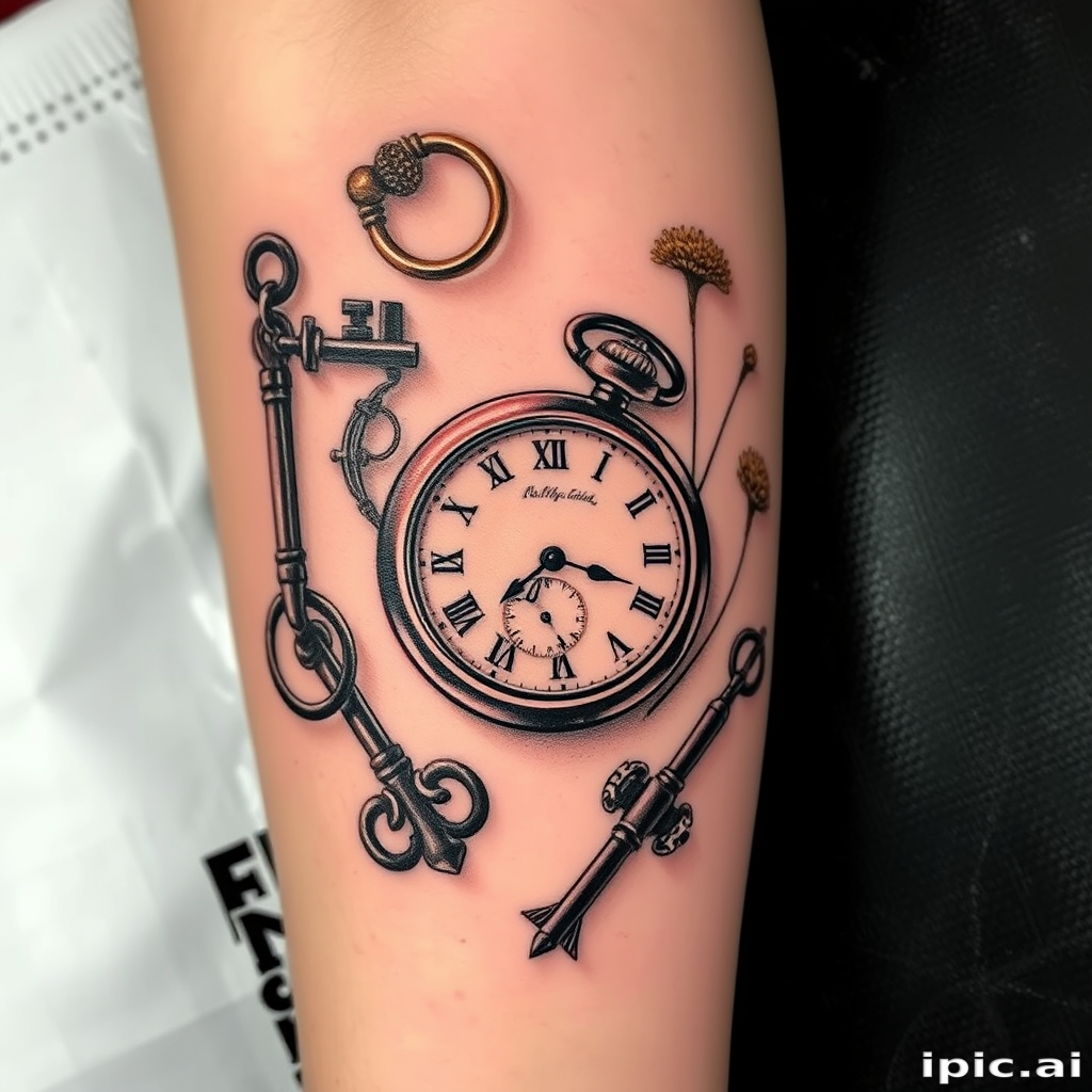 Realism tattoo called "Frozen in Time" depicting a hyper-realistic still life composition of vintage objects such as an old pocket watch, antique keys, and dried flowers, with incredible attention to detail and shading that creates the illusion of three-dimensionality on the skin, ideal for history buffs and those who appreciate the beauty of everyday objects.