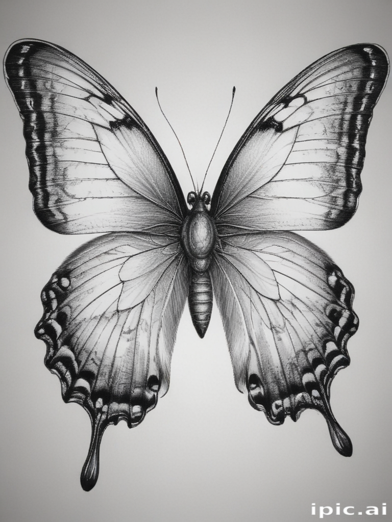 A Detailed Black and White Illustration of a Majestic Butterfly with ...