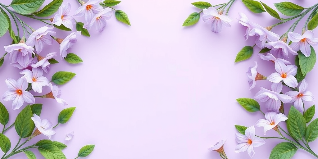 Create a digital illustration of a decorative floral frame featuring light purple flowers and green leaves surrounding a blank center on a light purple background, using a high-resolution format, with a 50mm lens, f/2.8 aperture, natural lighting, and an overhead angle.