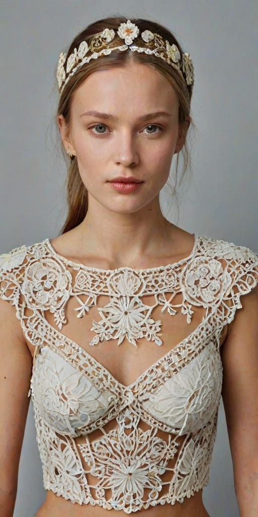 Face, shoulders, chest covered in openwork Ukrainian embroidery. Raw, unedited image.