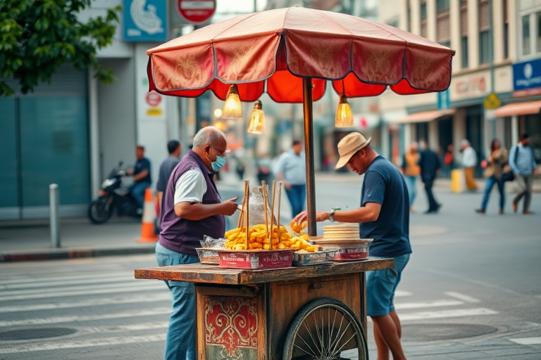 Street vendor selling food from a cart in an urban setting, captured with a Canon EOS R5, 35mm lens, aperture f/2.8, shutter speed 1/250s, ISO 100, natural lighting, vibrant colors.