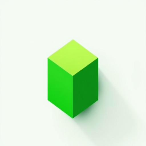 Create an illustration of a green cube on a monochromatic background with soft shadows, shot in high resolution using a DSLR camera with an aperture of f/8, ISO 100, and a focal length of 50mm, in a top-down view with studio lighting for enhanced clarity and detail.