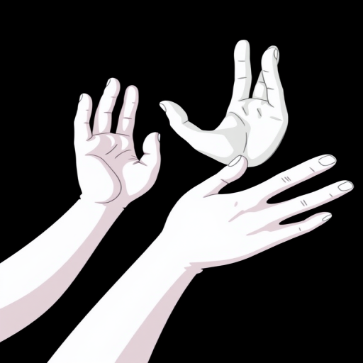 create an illustration of three cartoon-style hands in white on a black background, use a DSLR camera with an aperture of f/4, ISO 100, and a 50mm lens, shot from a top-down perspective, with vibrant colors and high contrast lighting