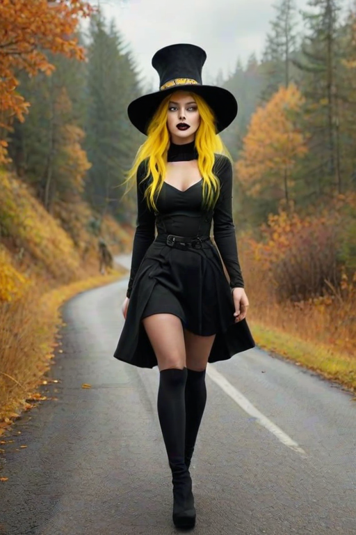 digital art fantasy depicting a strange girl with Yellow hair, long eyelashes, black lipstick and a tall hat walking along a winding road on an autumn afternoon, an Puma smiles as she passes