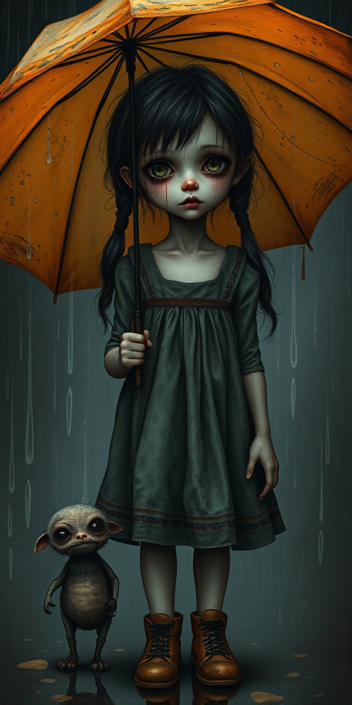 An eerie, weird little girl with dark hair in thin pigtails, wearing a smock dress, standing in the rain, holding a dirty orange umbrella, a small, odd creature beside her. In a surreal style inspired by Nicoletta Ceccoli and Brian Froud. Dark fantasy themes