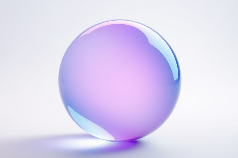 Create a high-resolution image of a glossy transparent sphere with a soft gradient of blue and purple colors, captured using a DSLR camera at f/2.8 aperture, ISO 100, 50mm focal length, in a studio setting with softbox lighting to enhance reflections and highlights.