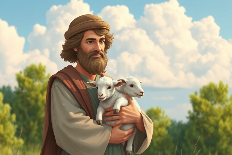 Generate a detailed illustration of a serene shepherd holding a lamb with lush green trees and fluffy clouds in the background, shot with a Canon EOS R5, 85mm lens at f/1.8, using natural lighting and a soft focus style to enhance image quality.