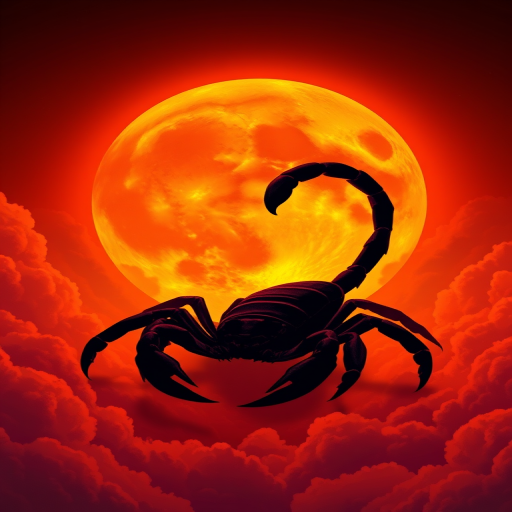 create a vibrant digital illustration of a scorpion silhouetted against a large, glowing orange moon with rich clouds surrounding it, using a wide-angle lens, aperture set to f/2.8, ISO 100, and a warm color palette for enhanced depth and contrast