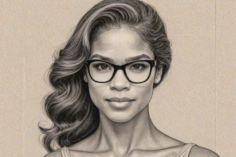 Lovely Misty Copeland, pencil sketch, portrait of Comely woman 1946s in glasses, hair style beatnik, outline, clear lines, fine lines, 8k