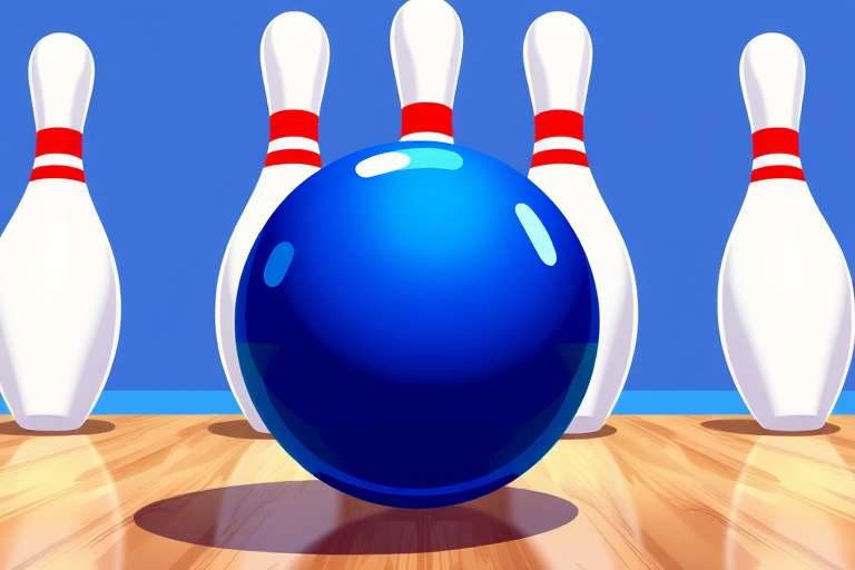 A vibrant illustration of a bowling scene featuring a shiny blue bowling ball in front of three white bowling pins with red stripes, captured with a DSLR camera at f/2.8 aperture, ISO 100, 50mm lens, in a flat lay style for enhanced clarity and focus.