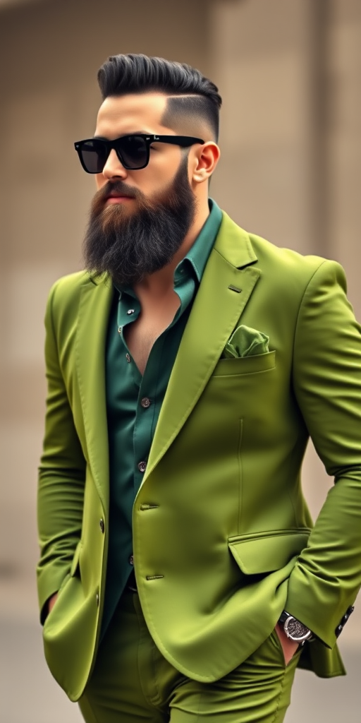 generate a high-resolution vector image of a man in a stylish green suit with an open shirt, wearing sunglasses and a thick beard, using a Canon EOS R5 camera at 50mm f/1.2 aperture, 1/200s shutter speed, ISO 100, with a soft focus background effect for enhanced depth.