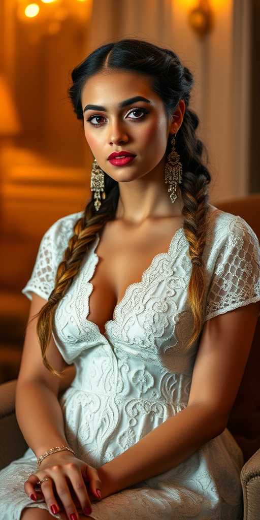 Create a portrait of a refined and elegant Coptic woman seated in a sophisticated setting. She has long, wavy hair styled in two thick braids that are pulled over her shoulders. She wears a white, lace gown with intricate patterns, featuring a deep V-neckline and short sleeves. The dress exudes a vintage charm with its delicate lacework. She is adorned with ornate, dangling earrings that add a touch of glamour to her appearance. The background is softly lit, with warm, ambient lighting that creates a cozy and inviting atmosphere. Her expression is poised and serene, capturing a sense of grace and elegance.