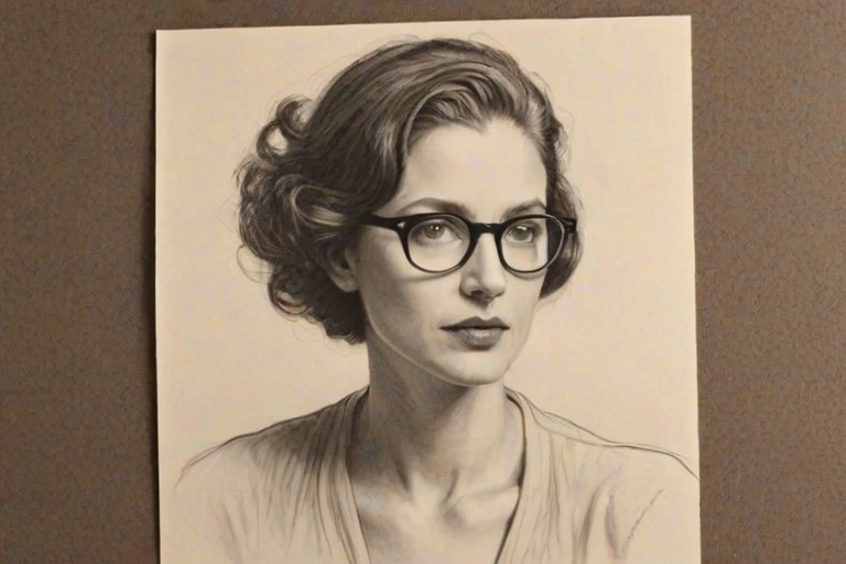 Charming Annie Leibovitz, pencil sketch, portrait of Charming woman 1929s in glasses, hair style beatnik, outline, clear lines, fine lines, 8k