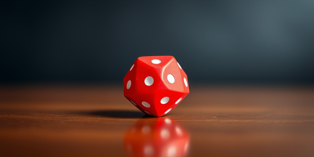 Create an image of a red twenty-sided die, focused view, high resolution, using a DSLR camera with a 50mm lens, f/2.8 aperture, ISO 100, and soft diffused lighting.