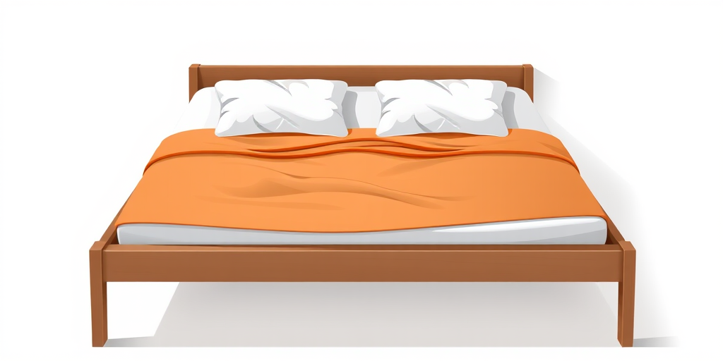 Create a high-resolution vector illustration of a simplistic bed with two pillows, featuring an orange blanket and a wooden frame, using a 50mm lens, aperture f/1.8, ISO 100, top-down view, and digital art style for enhanced clarity and detail.