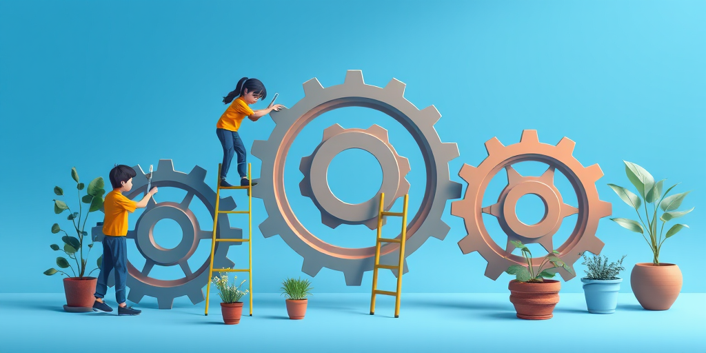 Generate a vector illustration of three stylized characters working on large gears in a minimalistic blue background, include a ladder, plants, and a pot, with a soft focus effect, camera settings: f/4, ISO 100, 50mm lens, shot from a high angle for depth and clarity.