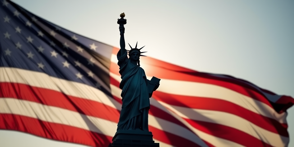 Create an image of the Statue of Liberty silhouetted against a waving American flag, set in a high-resolution format with a DSLR camera type, 50mm lens, f/8 aperture, ISO 100, and a shallow depth of field to enhance focus on the flag and statue.
