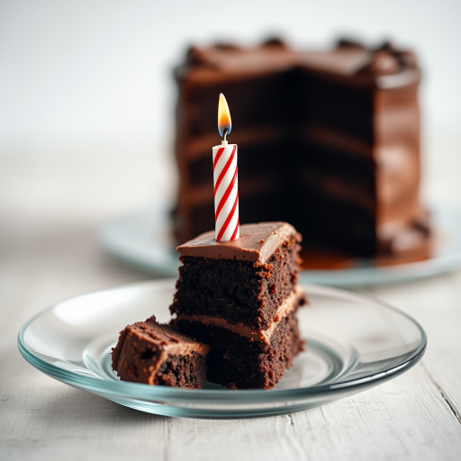 Create a high-resolution image of a chocolate cake slice on a glass plate with a red and white striped birthday candle, using a DSLR camera with a 50mm lens, aperture set to f/2.8, ISO 100, and a soft focus background to enhance depth of field.