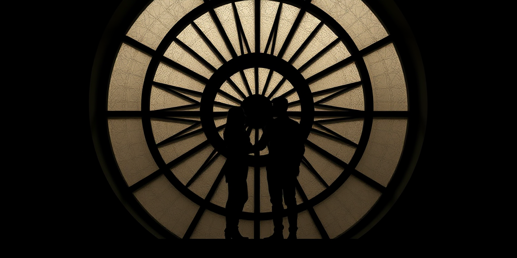 Regenerate a silhouette image of a couple holding hands in front of a large circular window with a fan design, soft natural lighting, low contrast, using a DSLR camera, 50mm lens, f/1.8 aperture, ISO 100, shutter speed 1/200 sec, in a moody and atmospheric style.