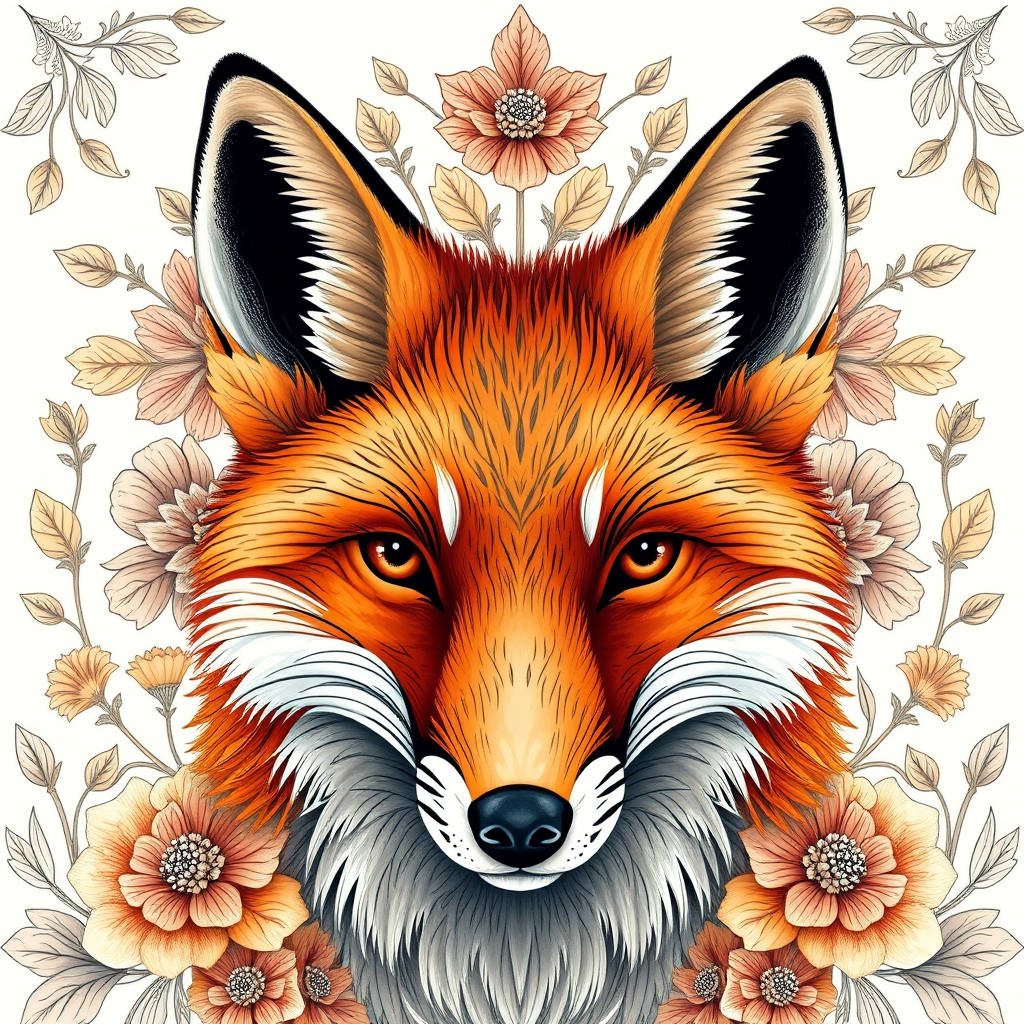 Create a detailed illustration of a fox's face with intricate floral patterns surrounding it, using a Canon EOS R5 camera with a 50mm f/1.2 lens, set at ISO 100, aperture f/2.8, and a shallow depth of field to enhance the focus on the fox while blurring the background.