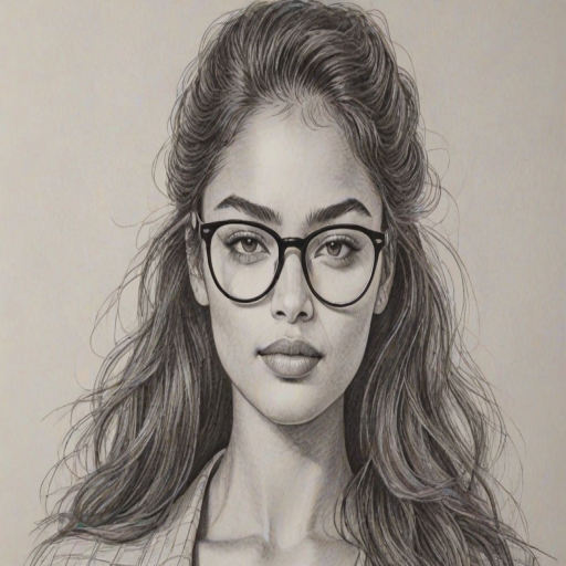 Ravishing Shanina Shaik, pencil sketch, portrait of Charming woman 1976s in glasses, hair style beatnik, outline, clear lines, fine lines, 8k