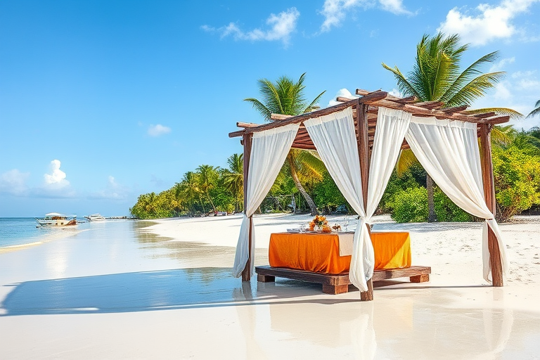 Create a picturesque tropical beach scene featuring a serene, white sandy shore. In the foreground, there's a rustic wooden canopy with white drapes gently flowing in the breeze. Underneath the canopy, a table is set with tropical decor, evoking a sense of relaxation and leisure. The beach extends into a calm, shallow water area with reflections of the sky and surroundings. Palm trees and lush greenery line the edge of the beach, providing a natural, tropical backdrop. The sky is clear with a few scattered clouds, and the overall atmosphere is tranquil and inviting, perfect for a peaceful retreat.