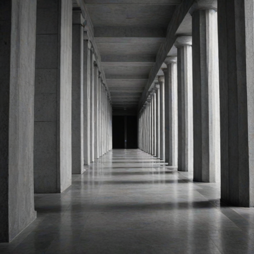 a monochrome image of a corridor lined with tall concrete columns casting long shadows on the ground, with dramatic lighting highlighting the textures and patterns of the pillars