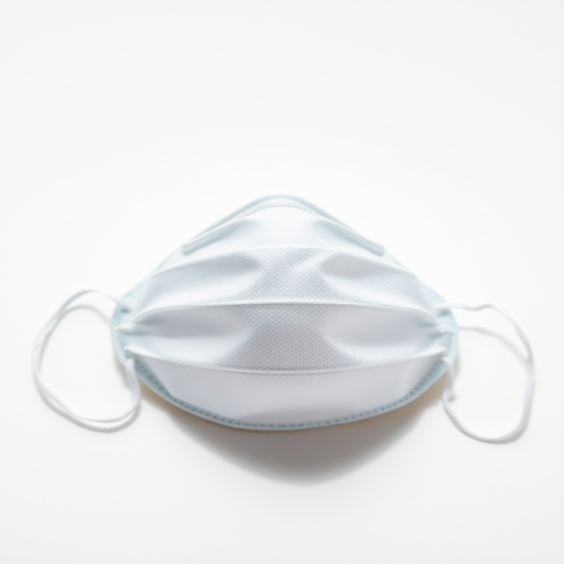 Create a detailed, high-resolution image of an FFP2 mask on a plain background, using a macro lens at f/2.8, ISO 100, shutter speed 1/250 sec, with soft natural lighting to enhance texture and details.