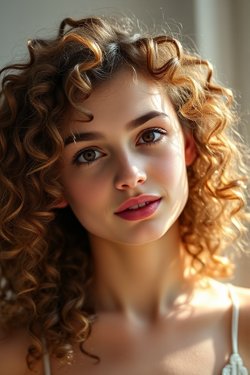 portrait of a young woman with curly hair, natural lighting, soft focus, DSLR camera, aperture f/1.8, shutter speed 1/100, ISO 200, 85mm lens