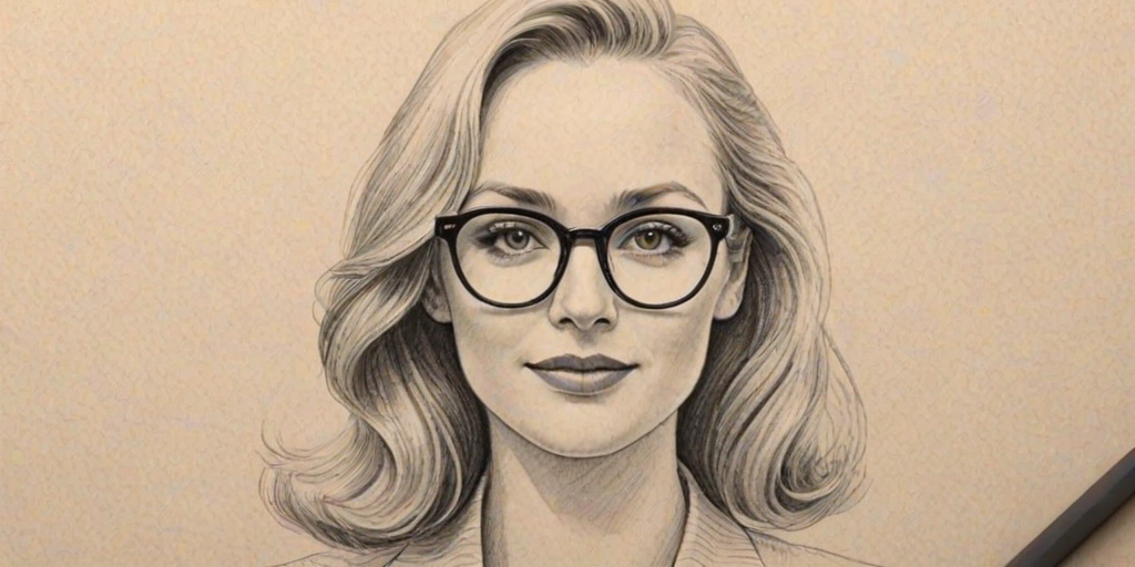Lovely Candice King, pencil sketch, portrait of Lovely woman 1946s in glasses, hair style beatnik, outline, clear lines, fine lines, 8k