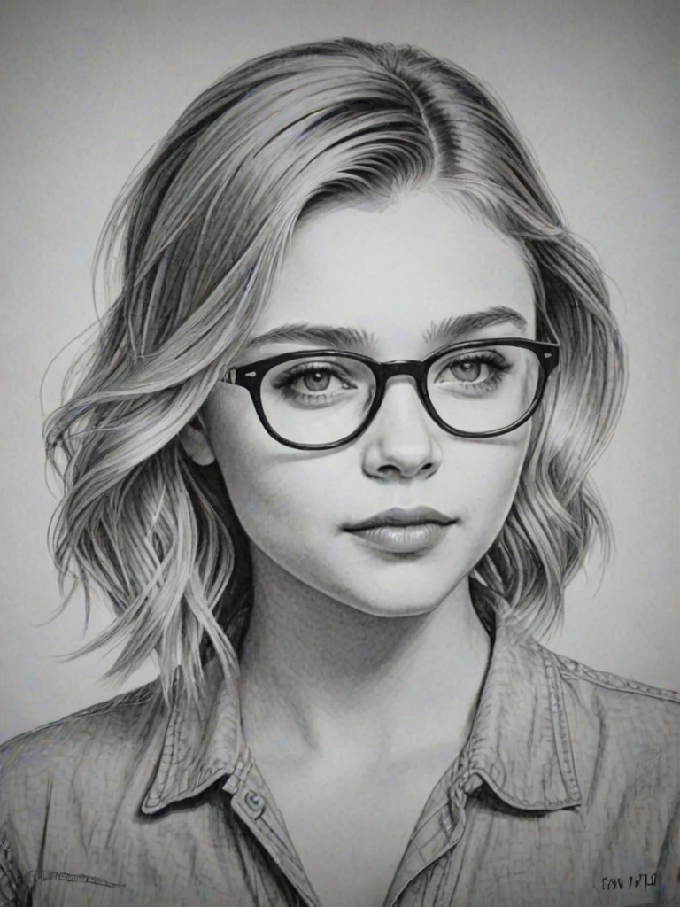 Appealing Chlo' Grace Moretz, pencil sketch, portrait of Superb woman 1952s in glasses, hair style beatnik, outline, clear lines, fine lines, 8k
