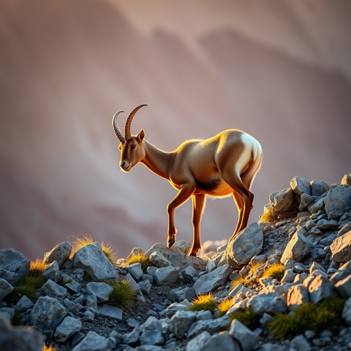 a chamois climbing rocky terrain in a mountain landscape, golden hour lighting, sharp focus, shallow depth of field, ISO 100, aperture f/2.8, shutter speed 1/500s, DSLR camera, landscape orientation, vibrant colors
