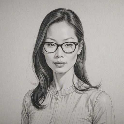 Ravishing Lucy Liu, pencil sketch, portrait of Bewitching woman 1960s in glasses, hair style beatnik, outline, clear lines, fine lines, 8k