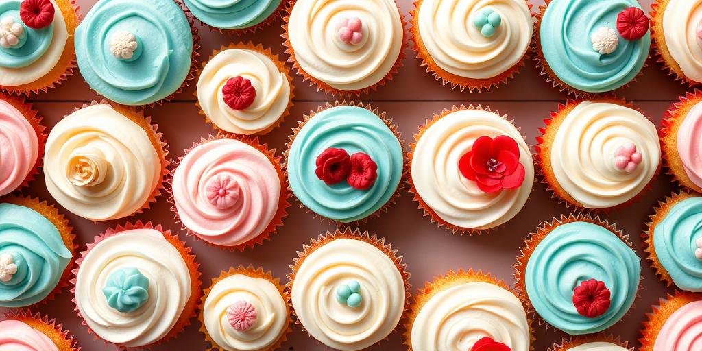 Create a colorful pattern design featuring a variety of cupcakes with creamy frosting and decorative elements, using a Canon EOS R5 camera with an aperture of f/4, ISO 100, and a 50mm lens, shot from a top-down view in natural light for enhanced detail and texture.
