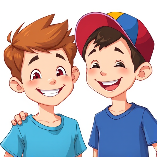 Create a vibrant illustration of two cheerful cartoon boys, one with brown hair and a blue shirt, the other wearing a multicolored cap and a blue shirt, with warm smiles and a friendly pose, using a digital art style, high resolution, at 300 DPI, with soft lighting and a slight blur for depth.