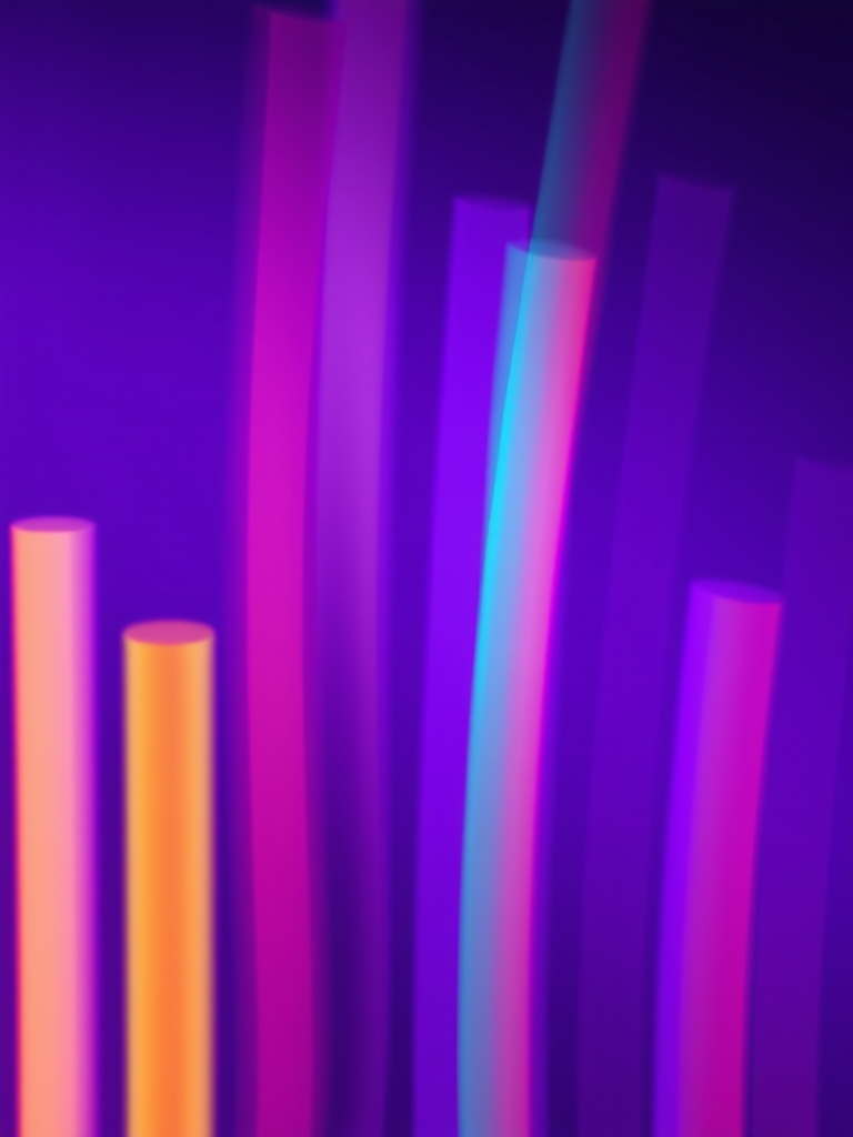 Create a vibrant, abstract digital art piece featuring vertical stripes in various colors on a deep purple background, using a Canon EOS R5 with a 50mm f/1.2 lens, ISO 100, aperture f/8, shutter speed 1/200s, shot from a slightly elevated angle for depth and a clean bokeh effect.