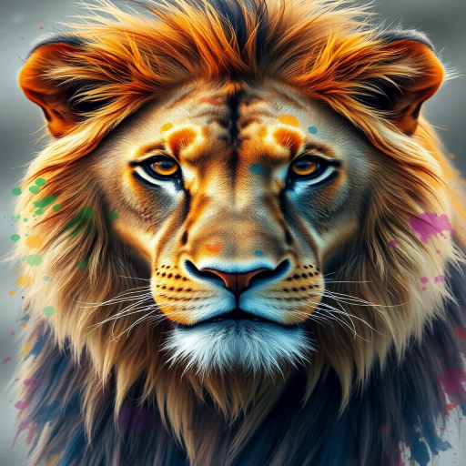 create a hyper-realistic digital painting of a lion with vibrant watercolor effects and splashes of color, shot with a Canon EOS R5 at f/2.8, ISO 100, 85mm lens, with a soft focus background to enhance the lion's detailed fur and piercing eyes