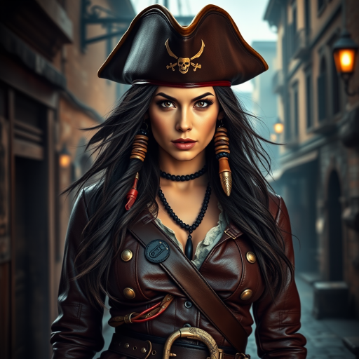 Create a portrait of a fierce female pirate. She wears a leather tricorn hat adorned with a skull and crossbones emblem, and her long, dark hair flows around her face. Her outfit consists of a richly detailed leather jacket, a corset, and multiple layers of belts and accessories, giving her a formidable and stylish appearance. She stands confidently in a dimly lit, historic port town, with a backdrop of weathered buildings and cobblestone streets, capturing the adventurous spirit of a pirate.