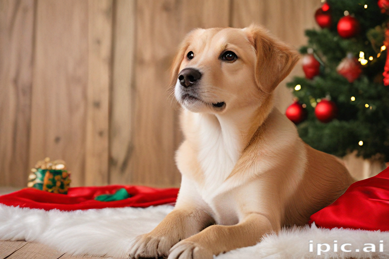 Adorable Golden Retriever Puppy Sitting Near a Christmas Tree Decorated ...